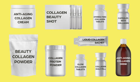 Various types of collagen supplements, including powder, cream, capsules and liquid form.